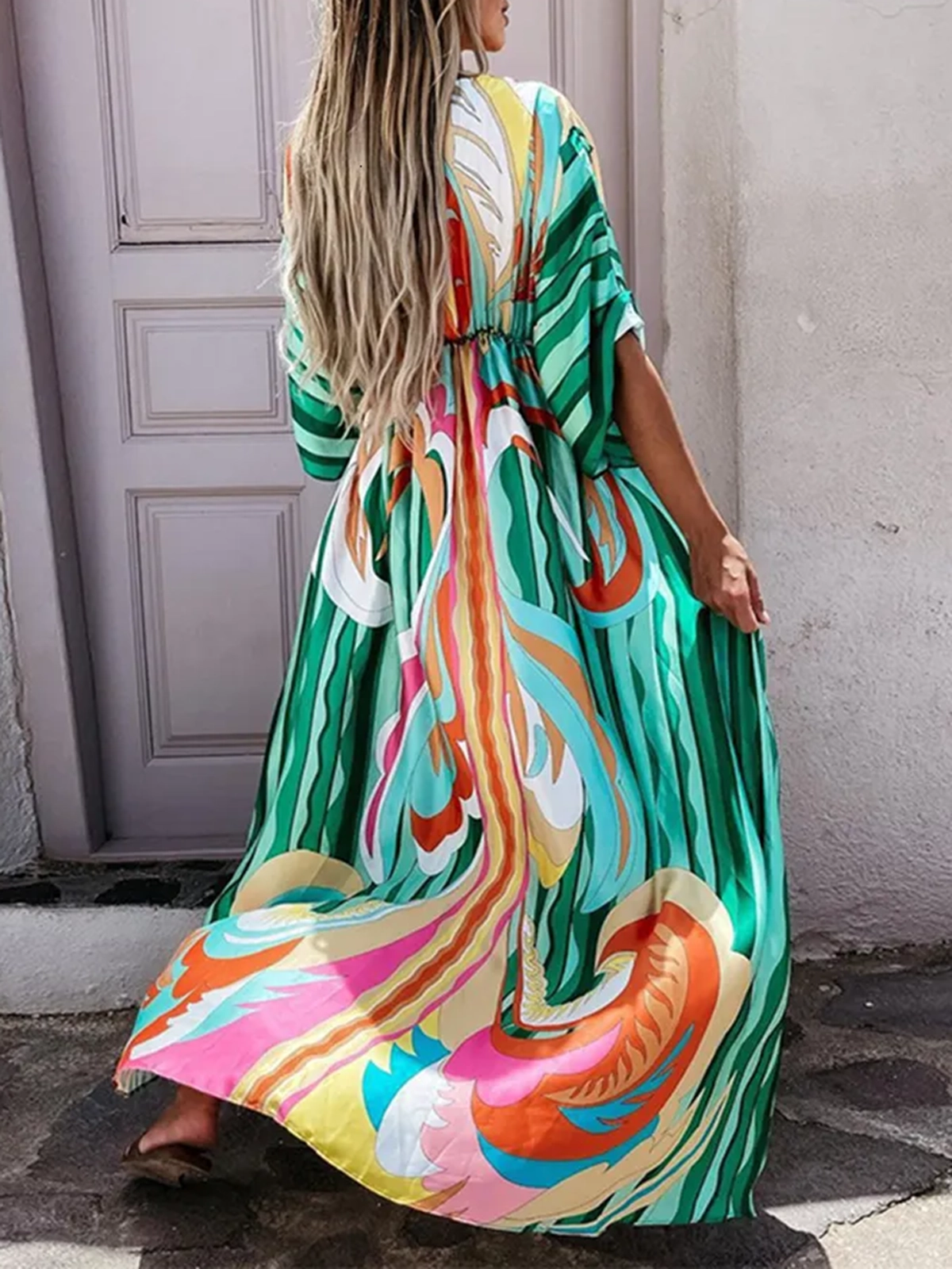 Holiday Style V Neck Slim Fit Printed Long Dress