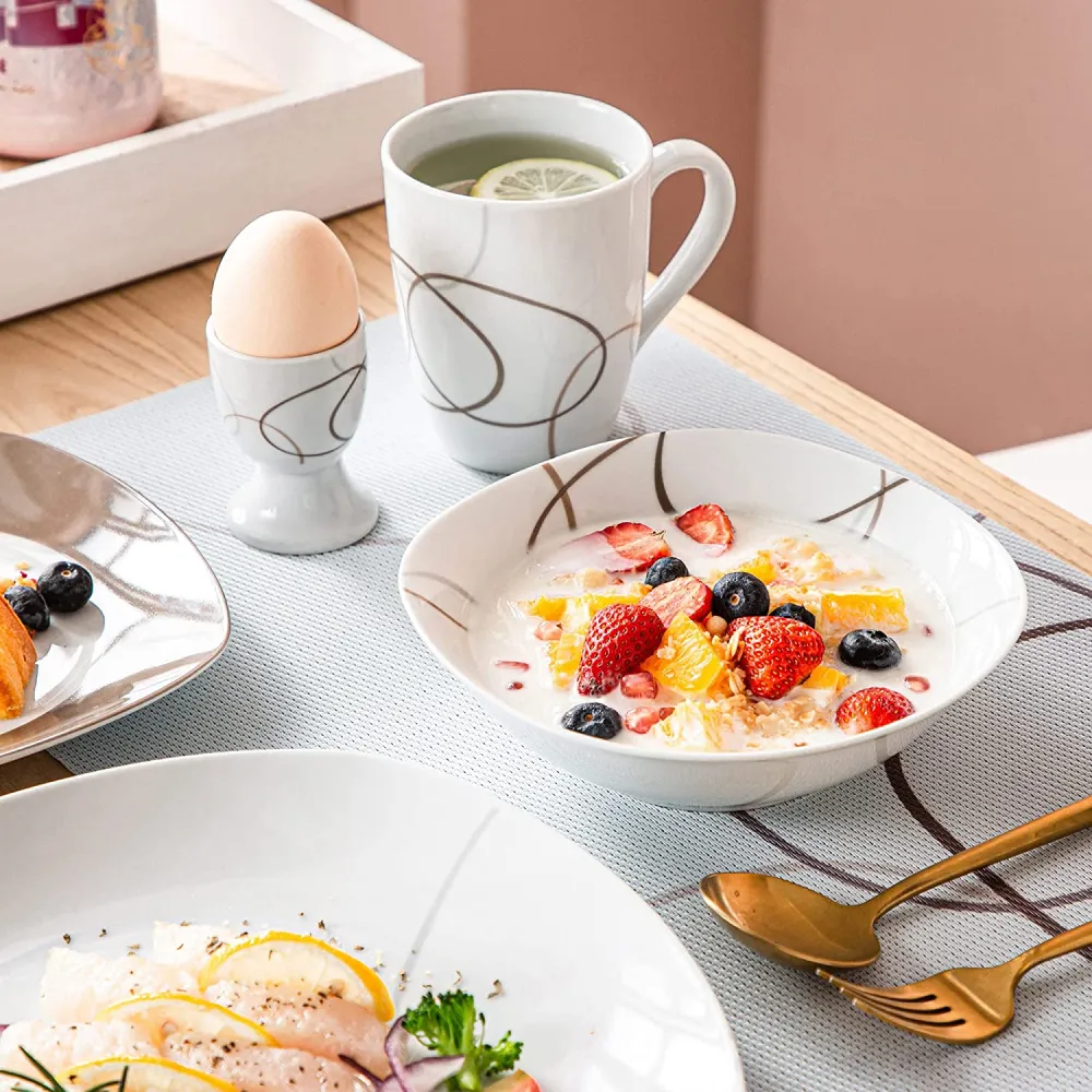 VEWEET, Series Fiona, 100-Piece Plates and Bowls Sets for 12, Including Porcelain Dishes Sets, Bowls, Mugs, Egg Cups, Cup and Saucer Set, Milk Jug and Sugar Pot Set, Microwave and Dishwasher Safe