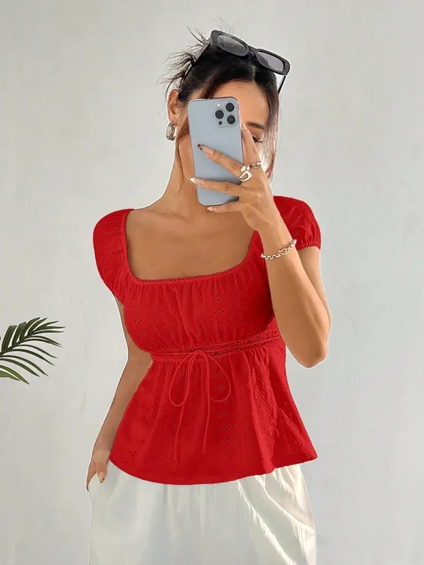 Ruffle Drawstring Eyelet Blouse