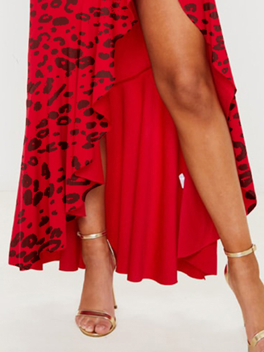 Red One Shoulder Frill Split Maxi Dress