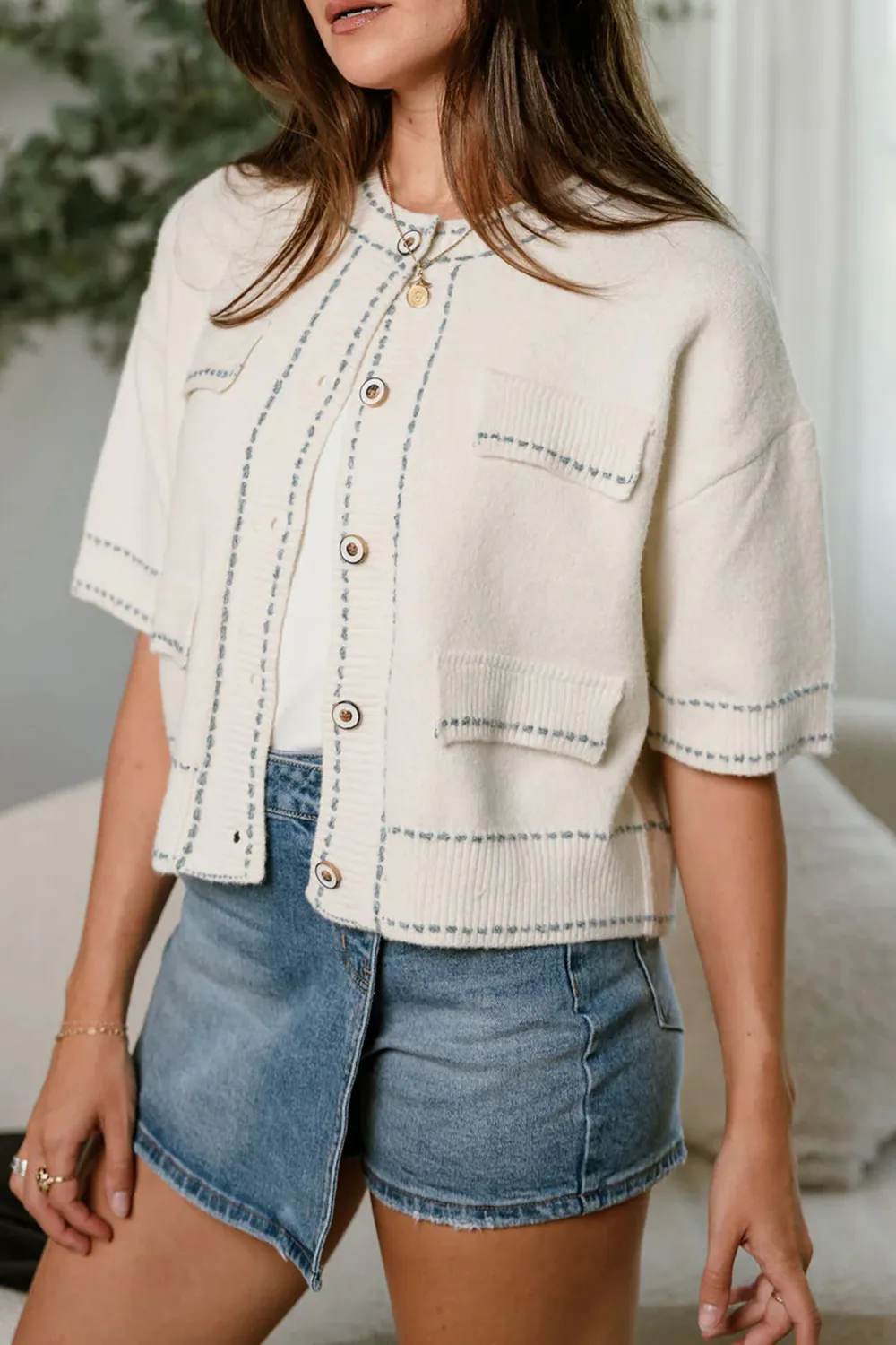 Contrast Color Stitch Button Up Cardigan