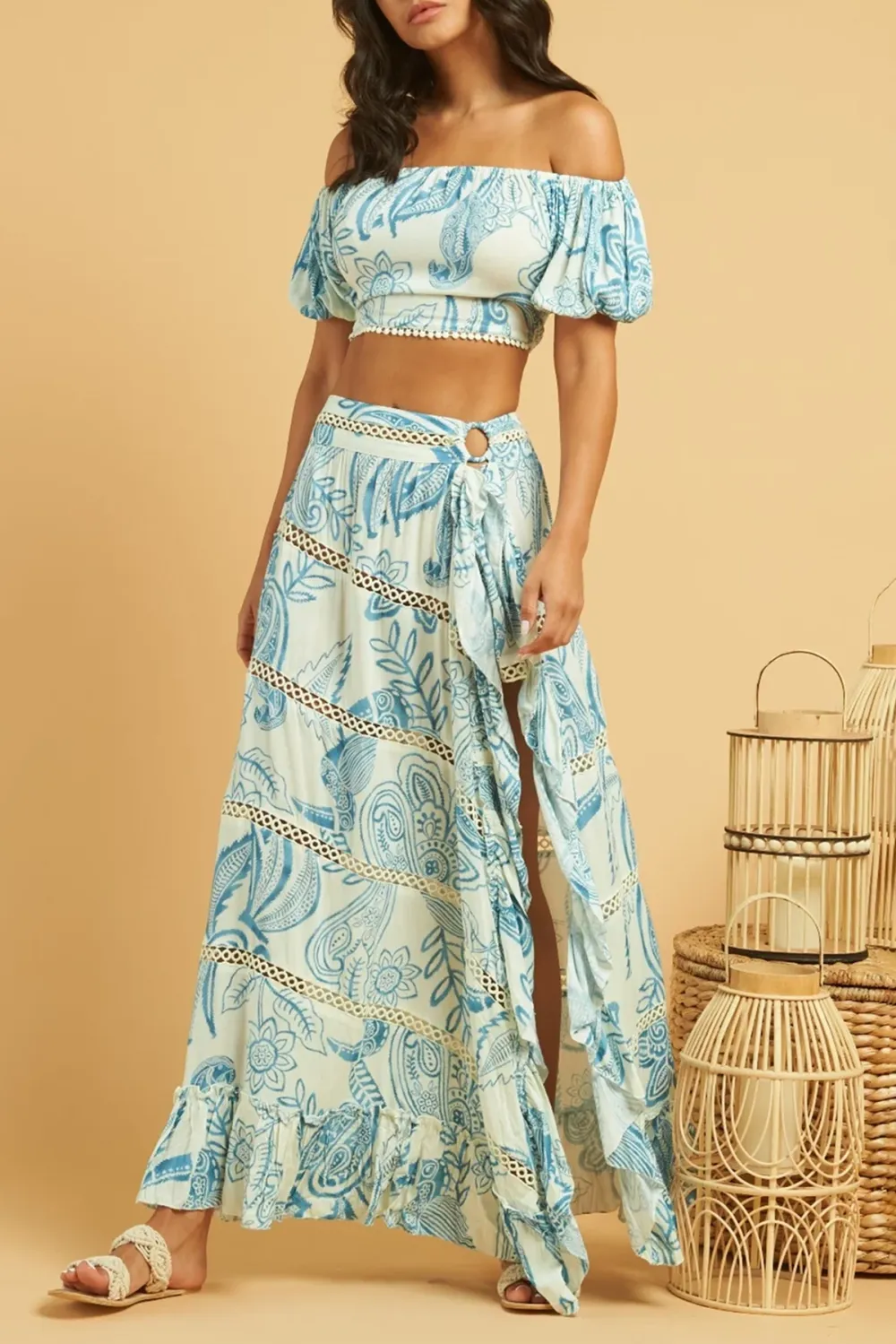 Blue Print Off Shoulder Crop Top