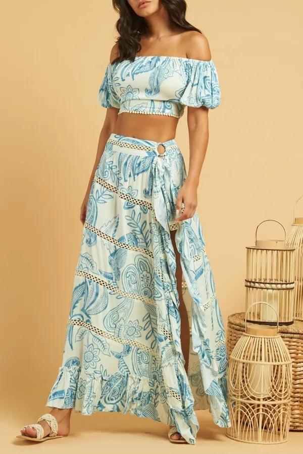 Blue Print Off Shoulder Crop Top