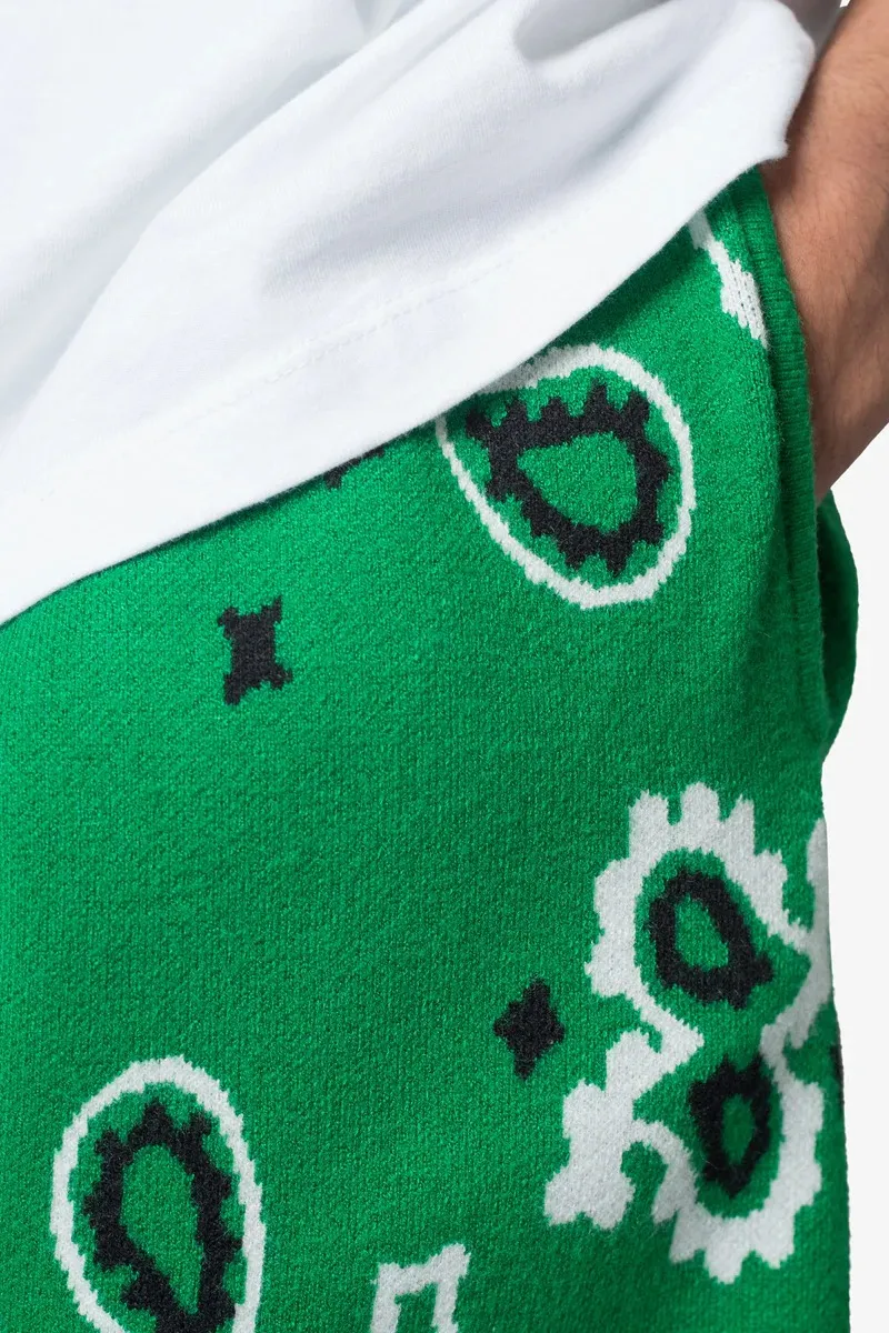 GREEN PAISLEY PRINTED KNIT SHORTS
