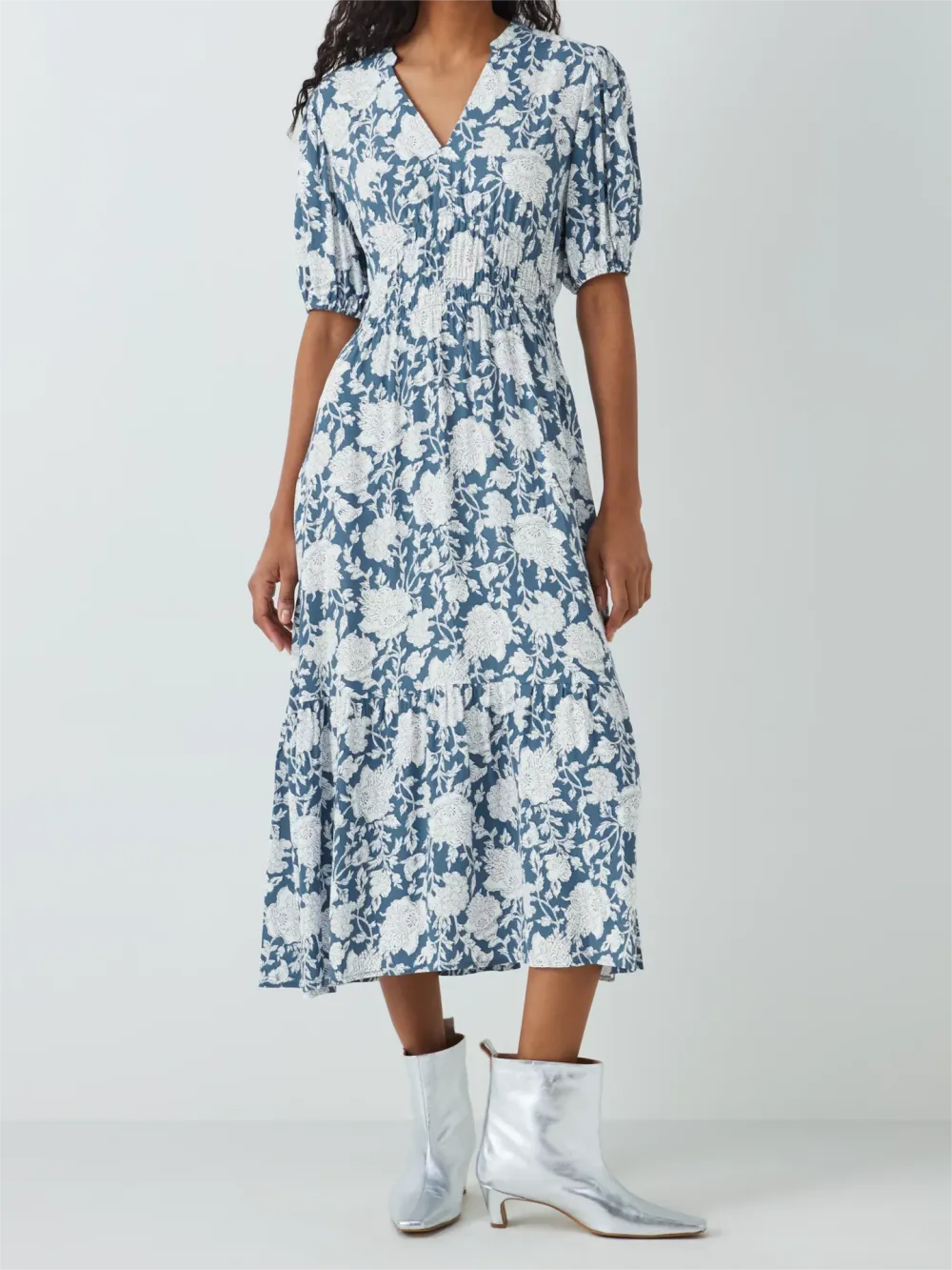 Shirred Floral Midi Dress