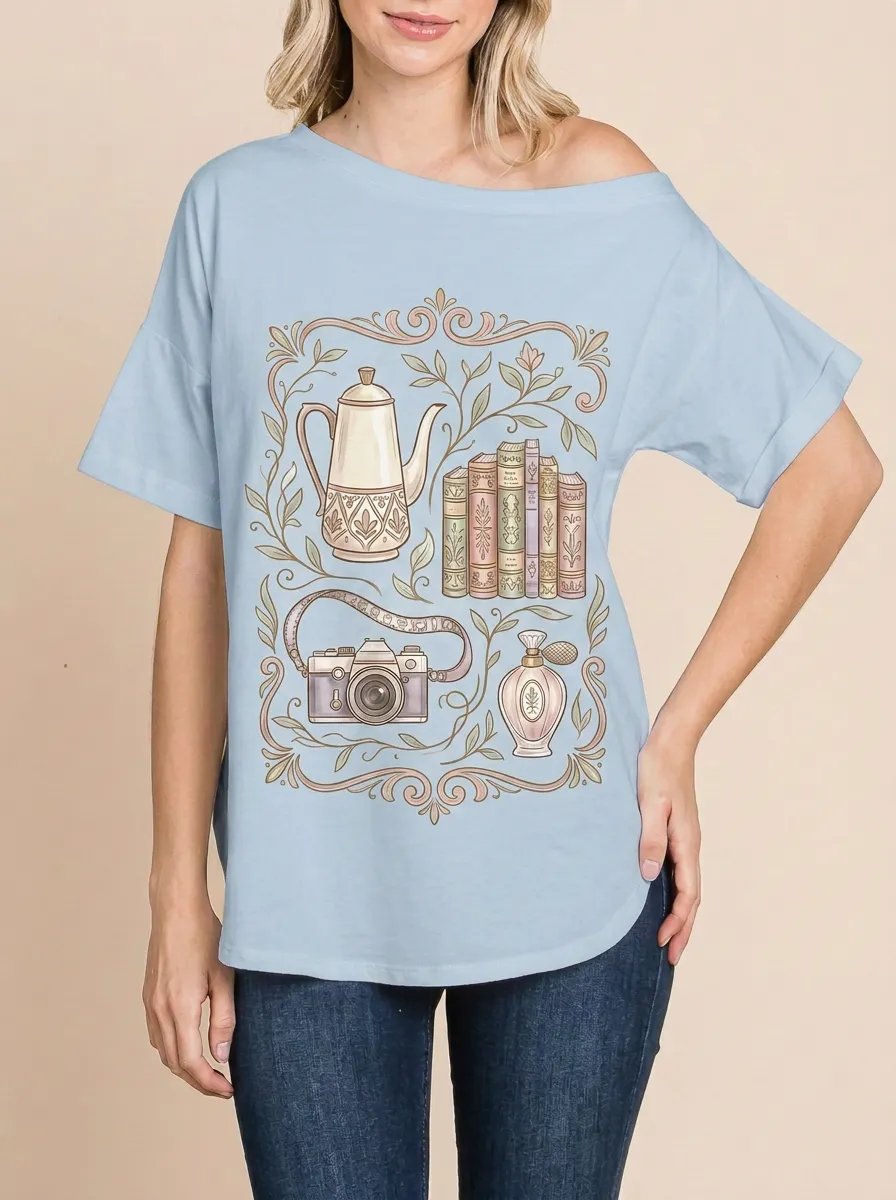 Women's Vintage Aesthetic Book Camera Teapot Printed T-shirt