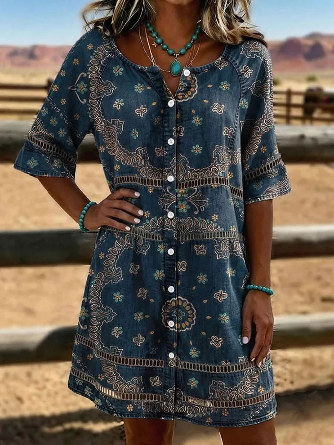 Vintage Floral Print Casual Hollow-Out Denim Dress