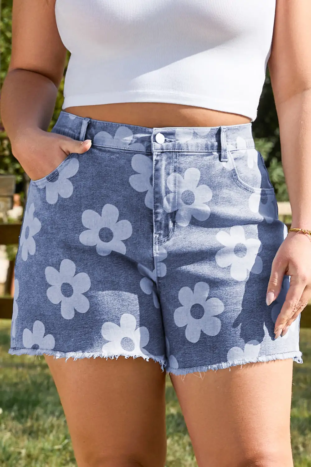 Floral Pattern High Waist Raw Hem Denim Shorts