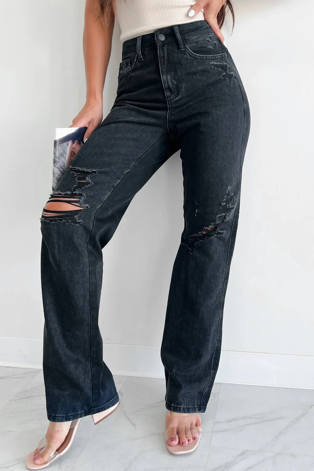 High Rise Rigid Stretch Blue Straight Leg Jeans
