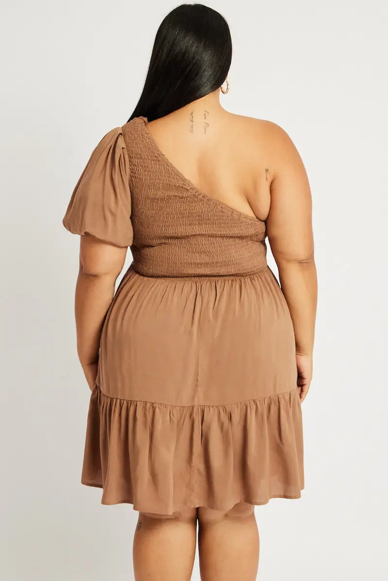 Brown One Shoulder Dress Shirred Bodice Pockets