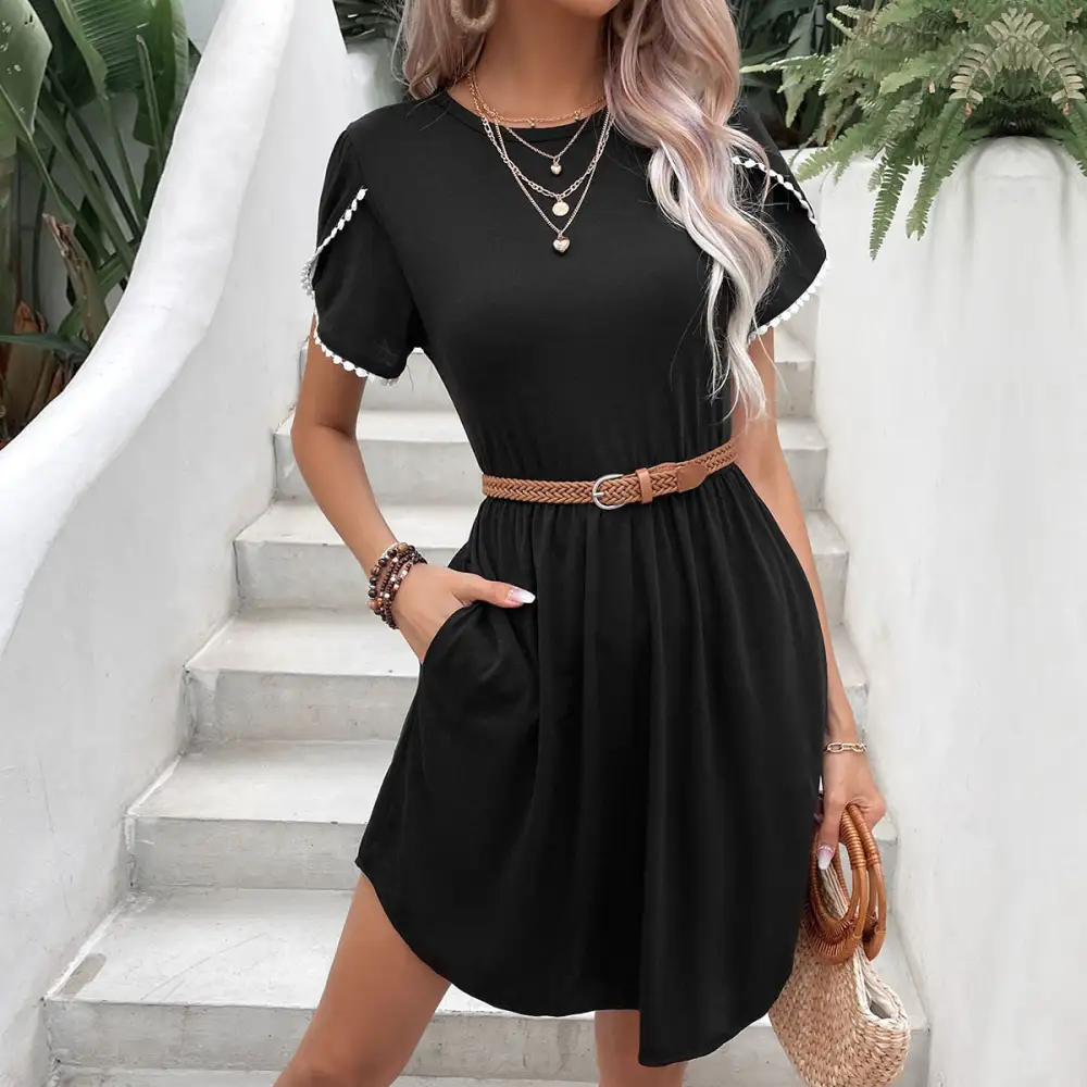 Textured Pocket Detail Round Neck Dress