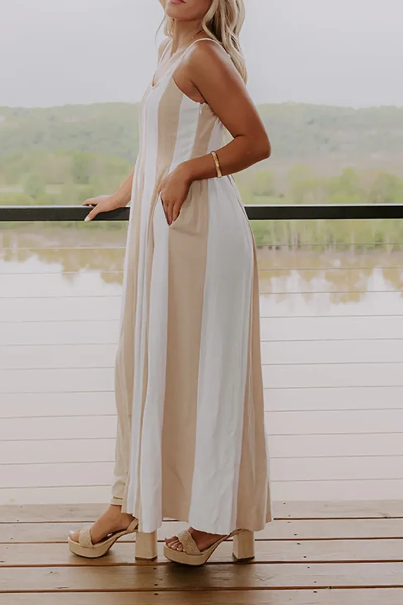 Linen Breathable Draped Striped Jumpsuit