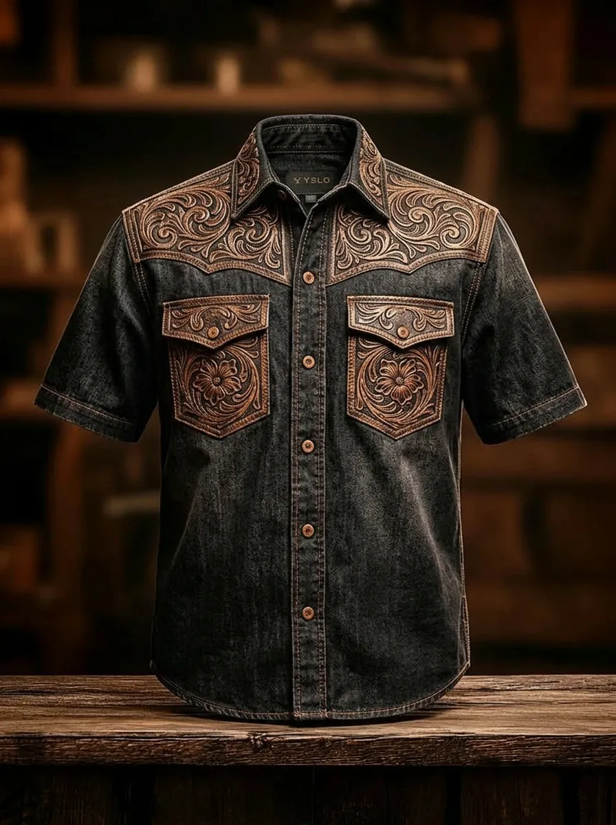 Men's Western Cowboy Floral Tooled Leather Printed Shirt-4