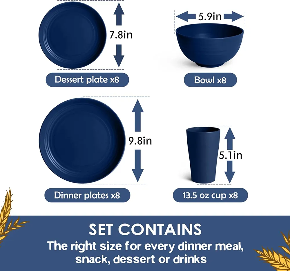 32-Piece Kitchen Wheat Straw Dinnerware Set, Service for 8, Dinner Plates, Dessert Plate, Cereal Bowls, Cups, Unbreakable Plastic Outdoor Camping Dishes, Black