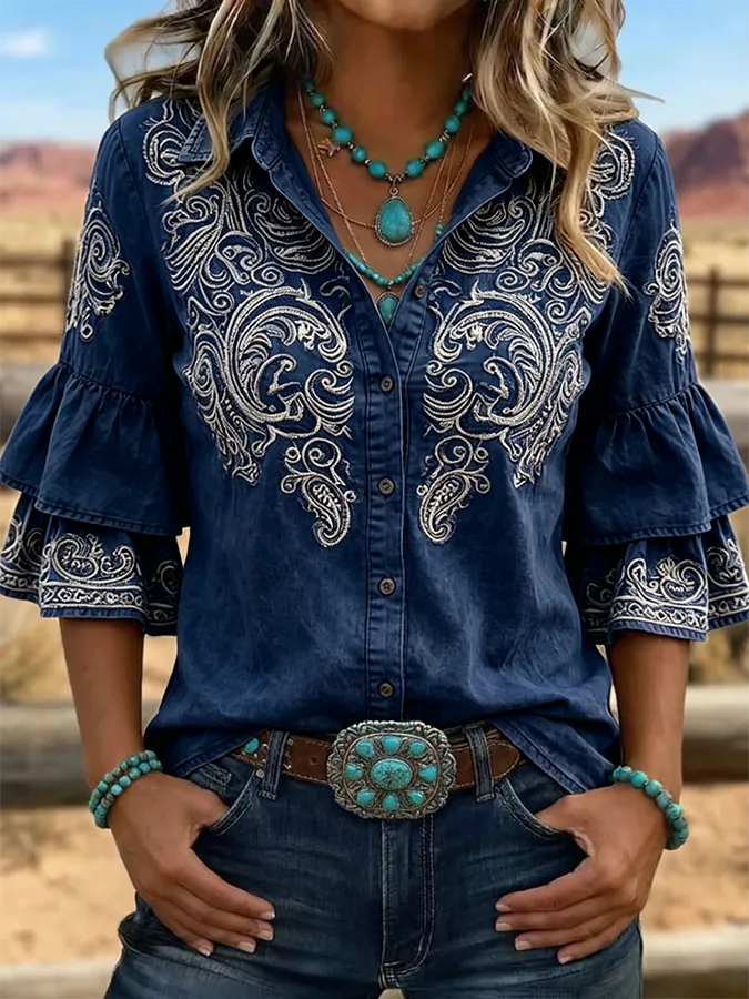 Women's Vintage Floral Print Casual Ruffle Lapel Shirt