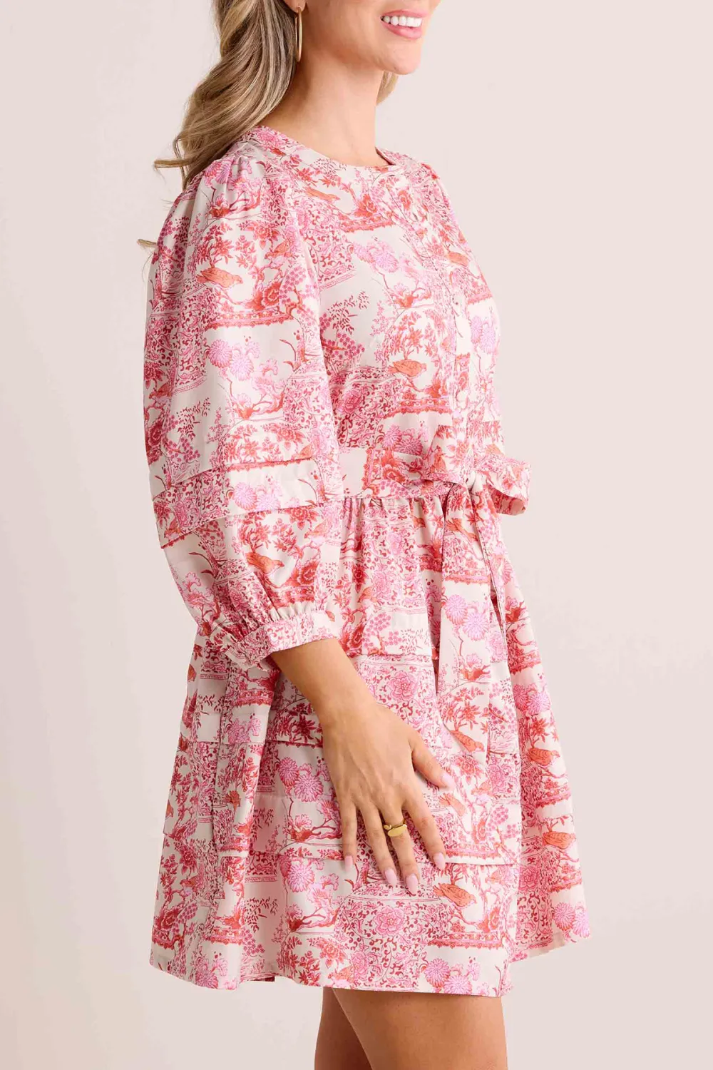 Pink Floral Print Puff Sleeve Tie-Waist Dress