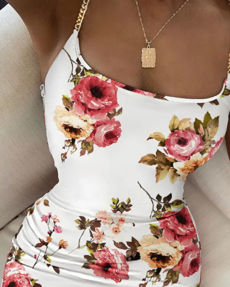 Floral Print Chain Decor Bodycon Dress