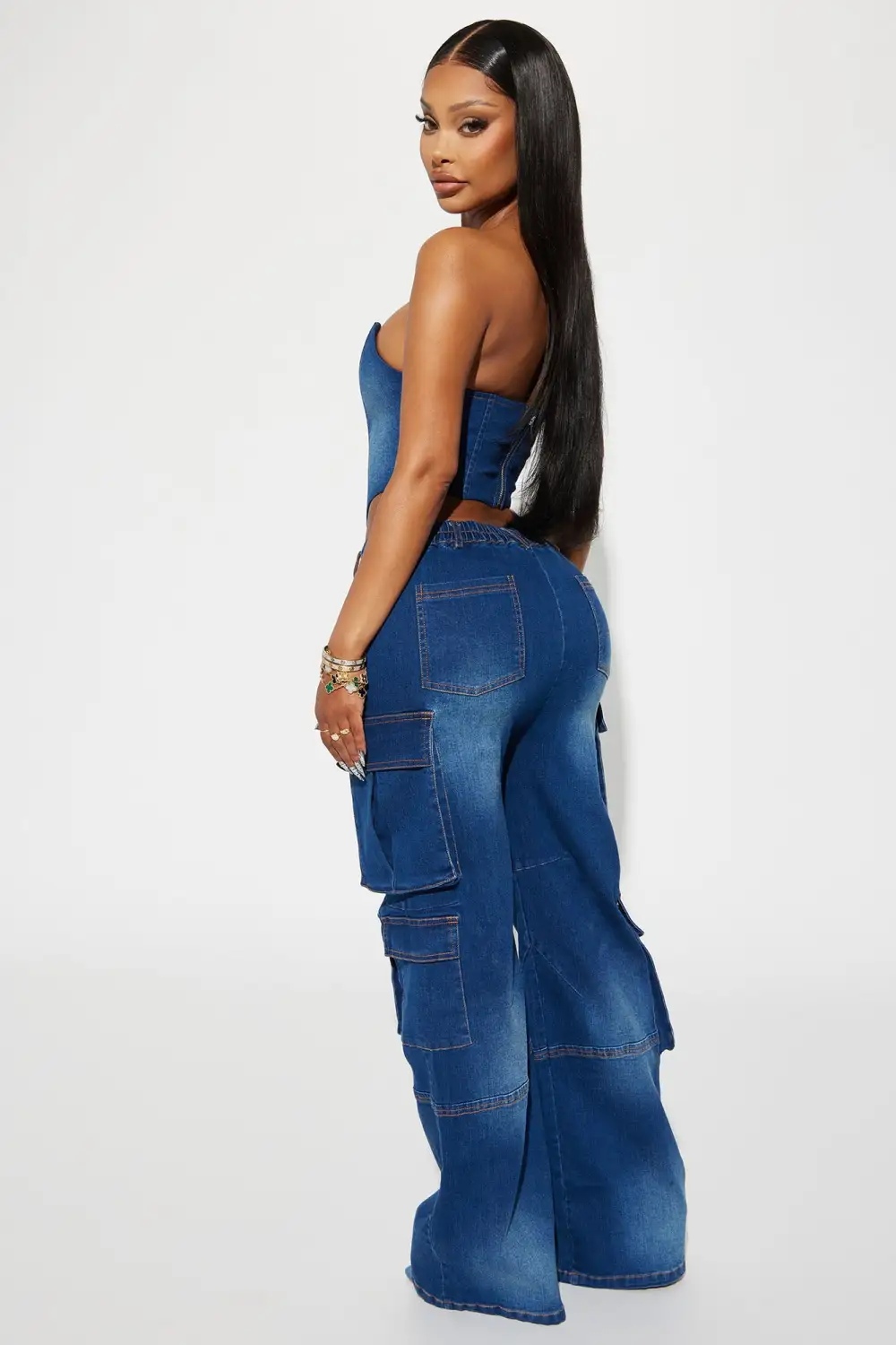 Estefania Denim Cargo Pant Set - Dark Wash