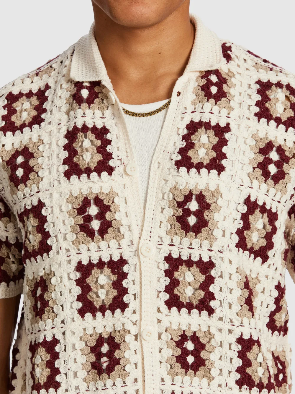 Beige And Red Patterned Knit Short Sleeve Shirt