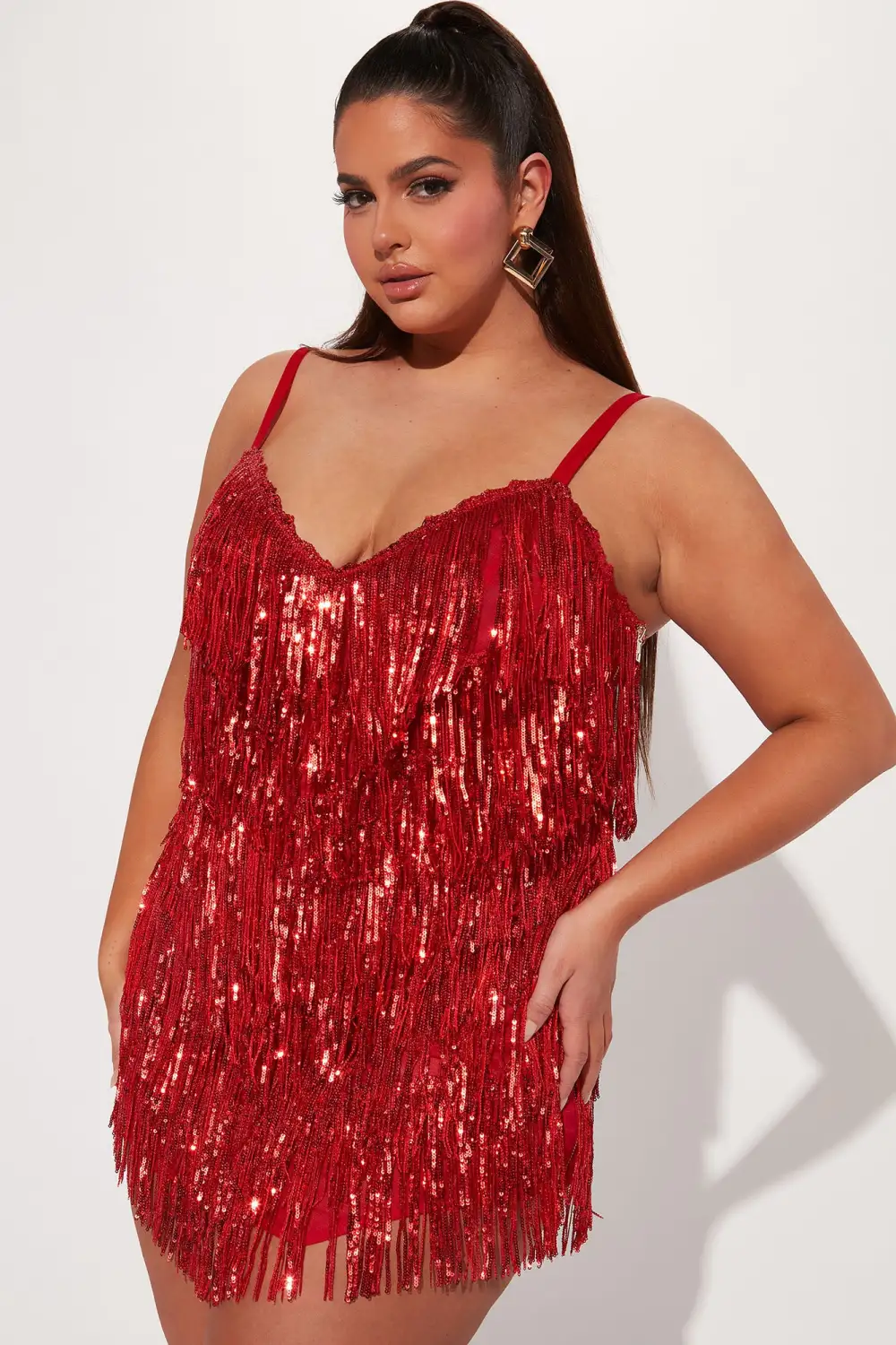 Selena Sequin Fringe Mini Dress - Red