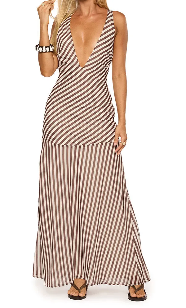 Stripe V Neck Backless Maxi Dress