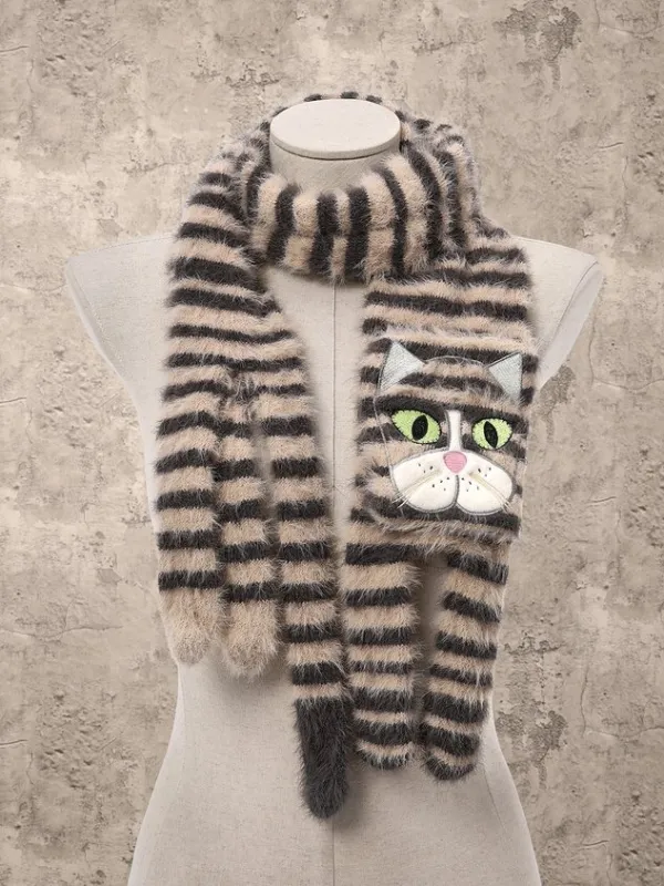 3D Wool Cat Pattern Plush Patchwork Long Scarf Casual Vintage Outdoor Accessories