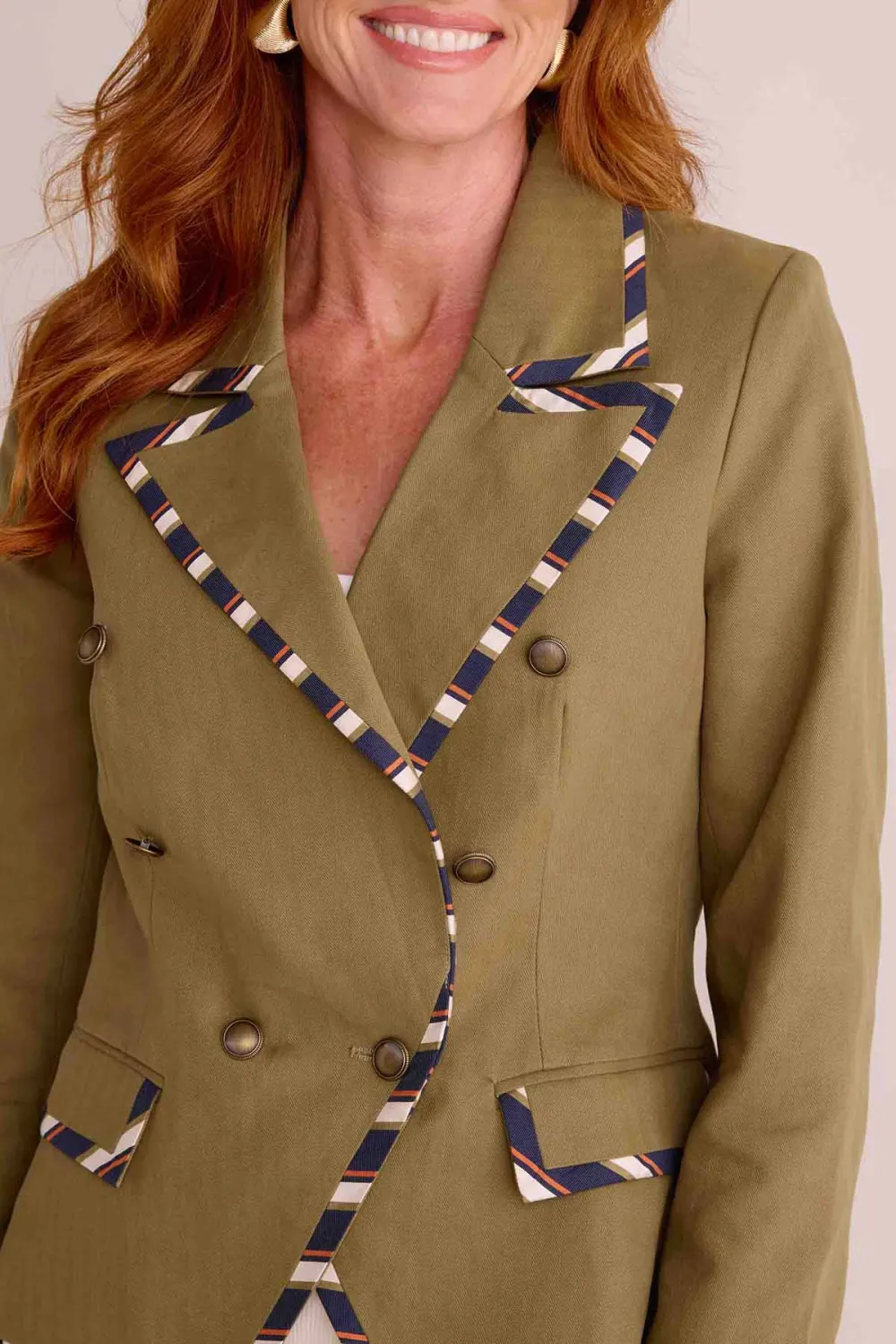 Olive Green Striped Detail Double Breasted Jacket