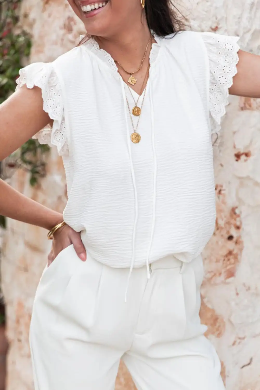 Relaxed Embroidered Ruffle Sleeve Blouse