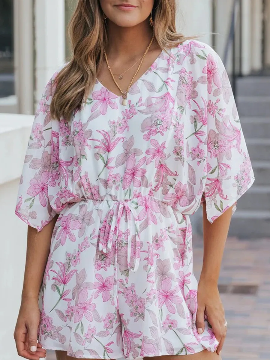 Sexy pink floral waist romper