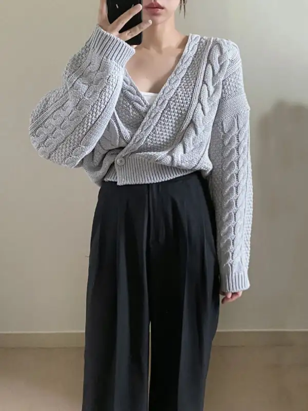 Deep V-Neck Knit Cardigan