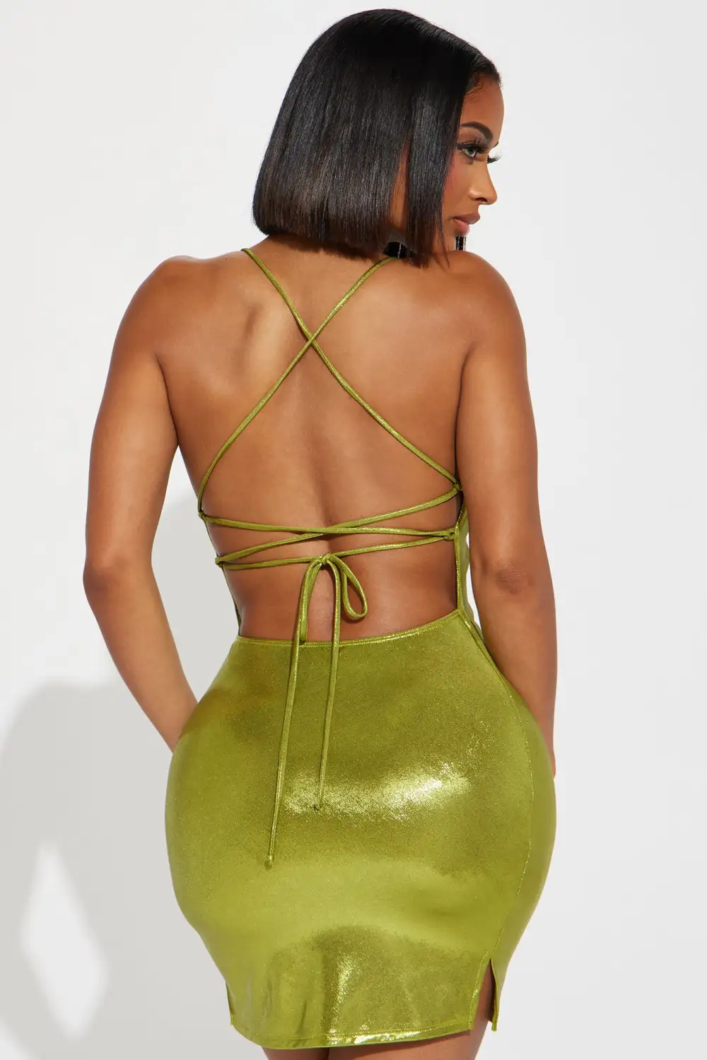 Sasha Metallic Slinky Mini Dress - Chartreuse