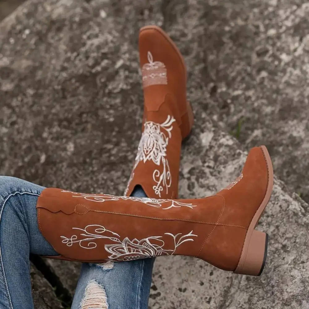 Embroidered Block Heels Boots