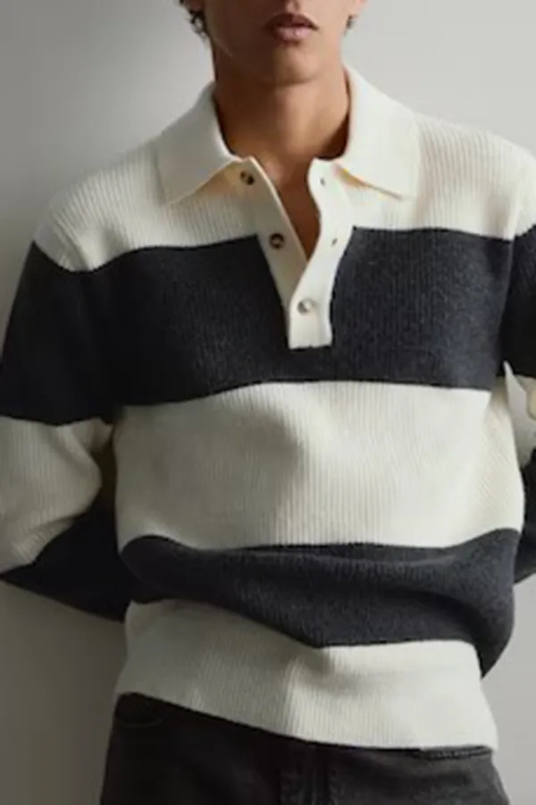 Ribbed Striped Knitted Polo Shirt
