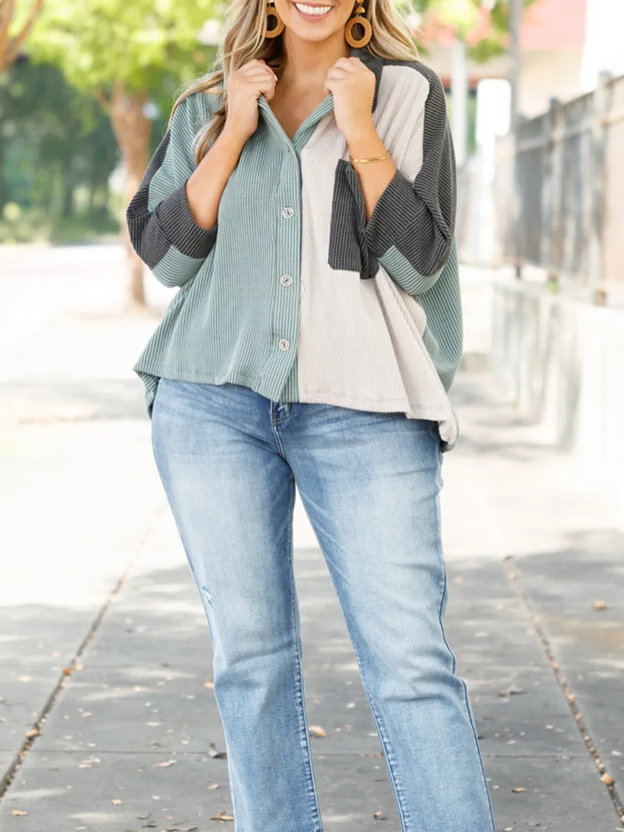 Spliced Contrasting Button Pocket Shirt
