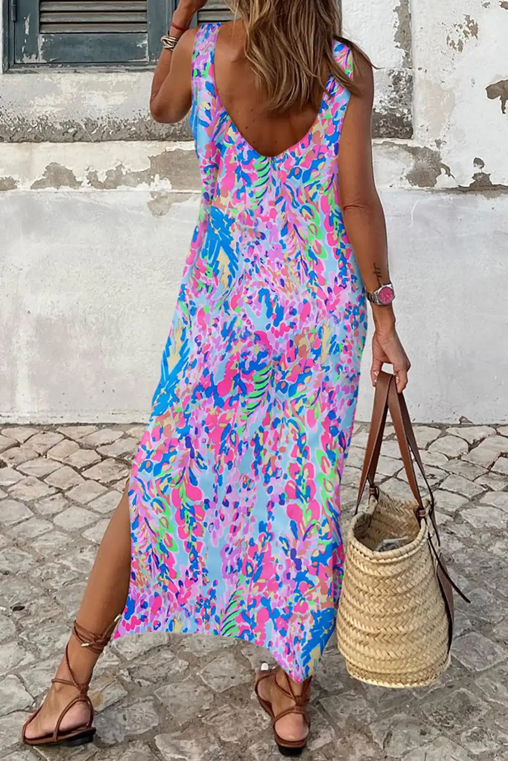 Abstract Floral Print Sleeveless Midi Dress