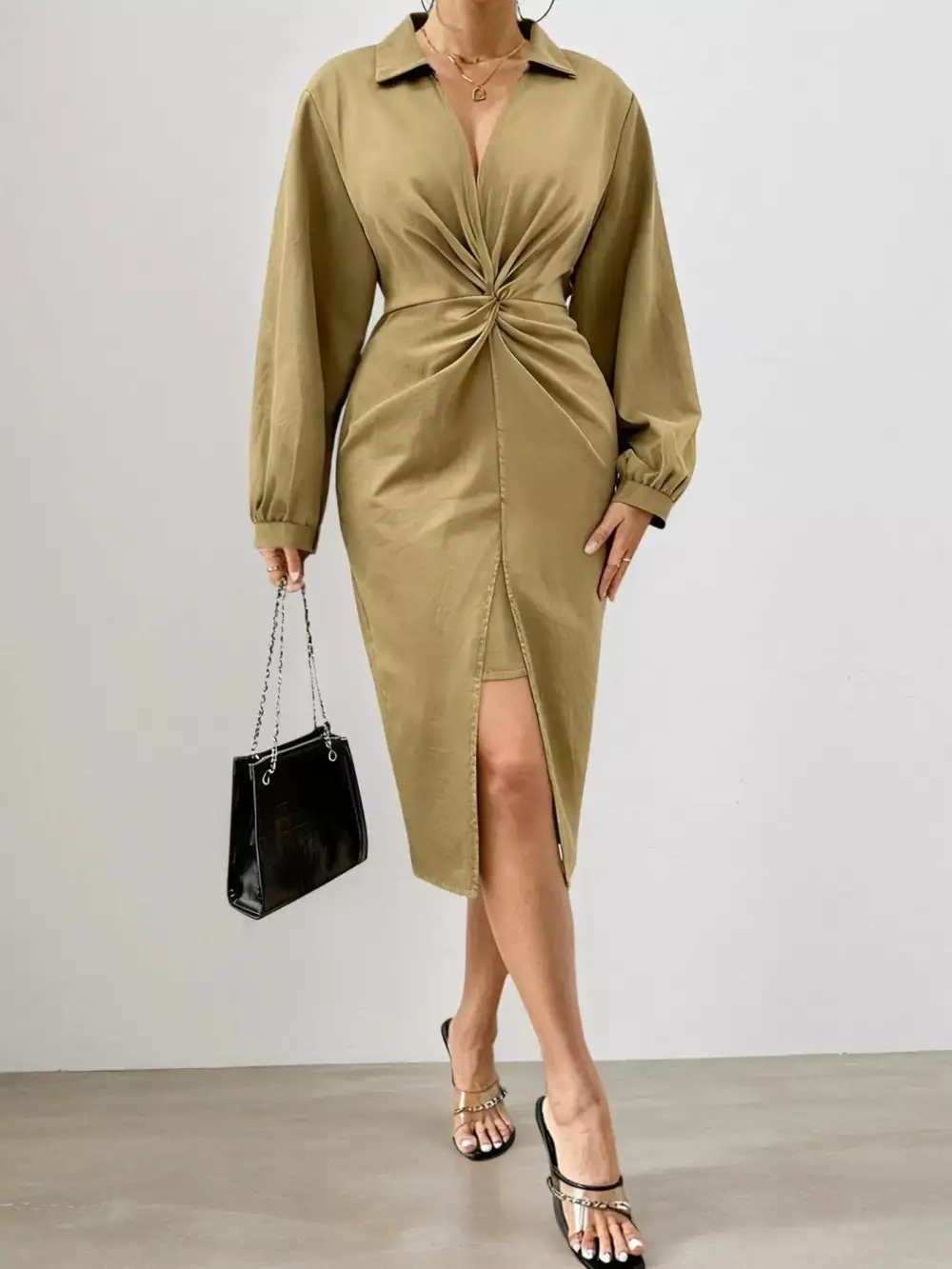 Plus Size Twist Front Split Midi Dress