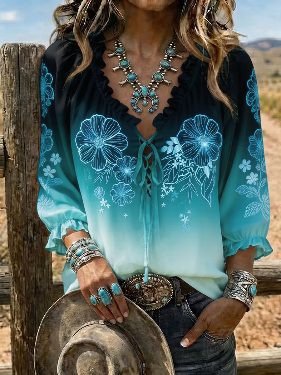Women's Ombre Floral Print Lace-Up Western Blouse