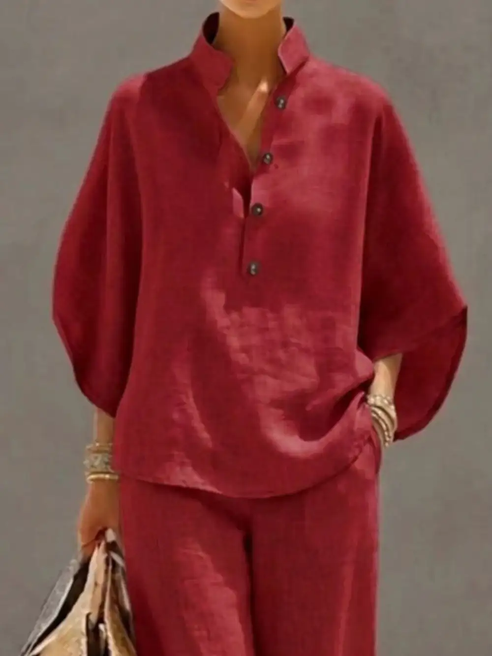 Button Detail Sleeve Top and Pants Set