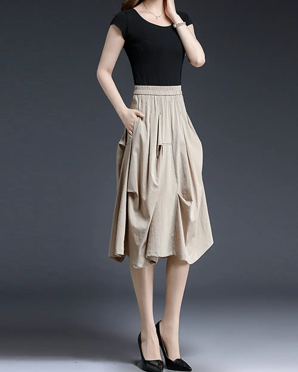 Soft Pocketed Linen A Line Midi Skirt