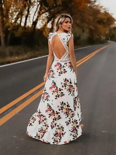 Bohemian Blossom Floral Open Back Boho Maxi Dress