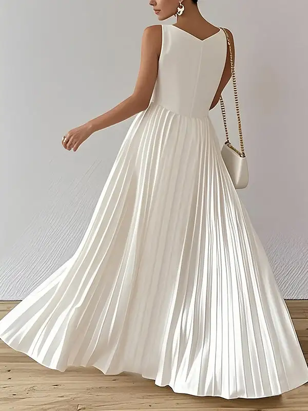 Loose Color Pleated Neck Maxi Dress