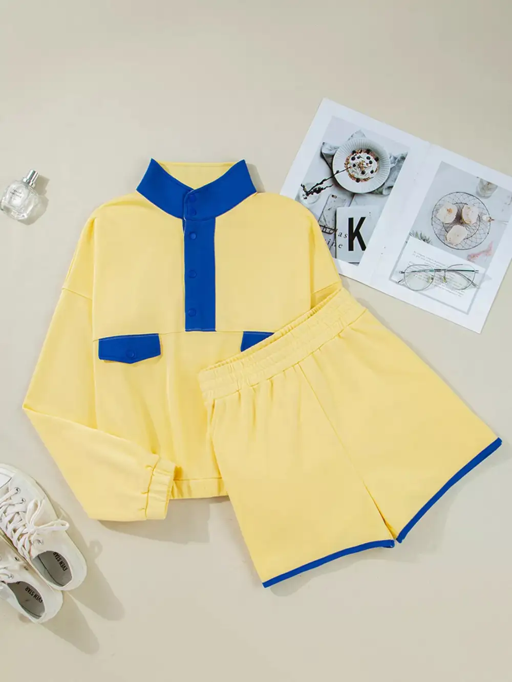 Color Block Patchwork Half Button Top and Shorts 2Pcs Set