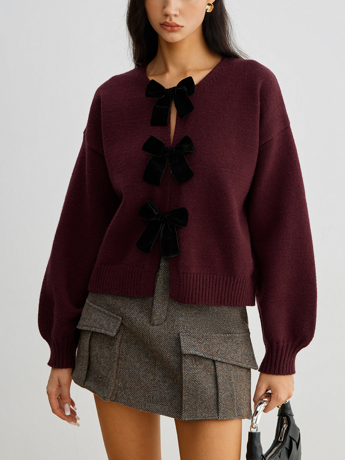 Velvet-Bow Lantern Sleeve Sweater