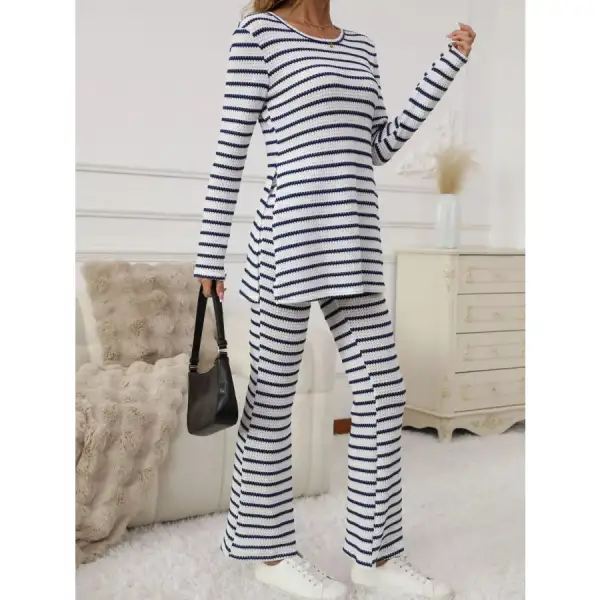 Slit Striped Long Sleeve Top and Pants Set