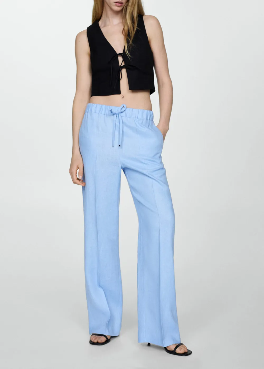 Linen-blend elastic waist trousers