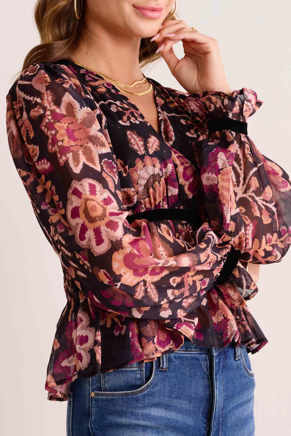 Floral Print Velvet Trim Belted Long Sleeve Blouse