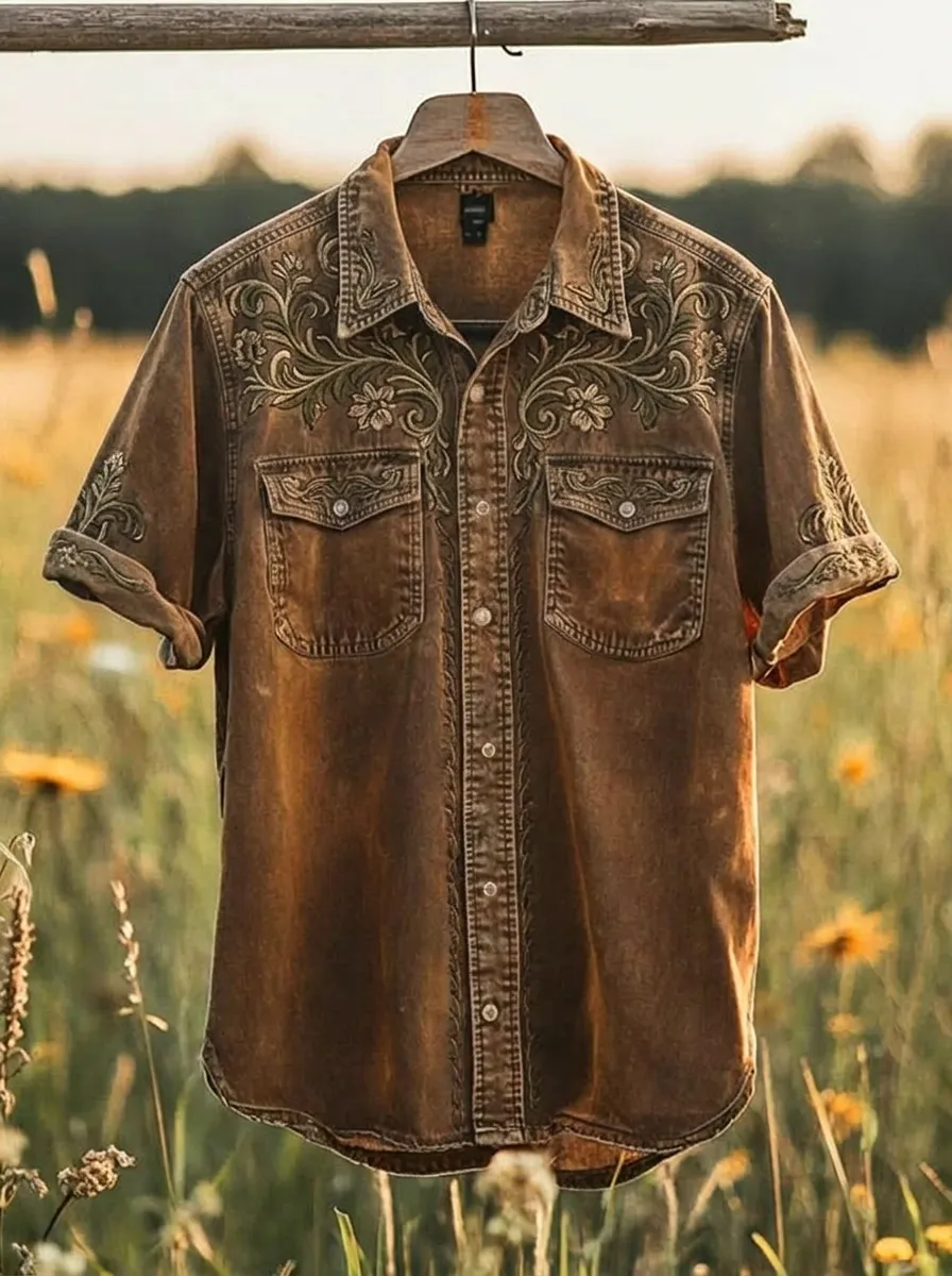 Men's Western Cowboy Floral Embroidered Printed Shirt