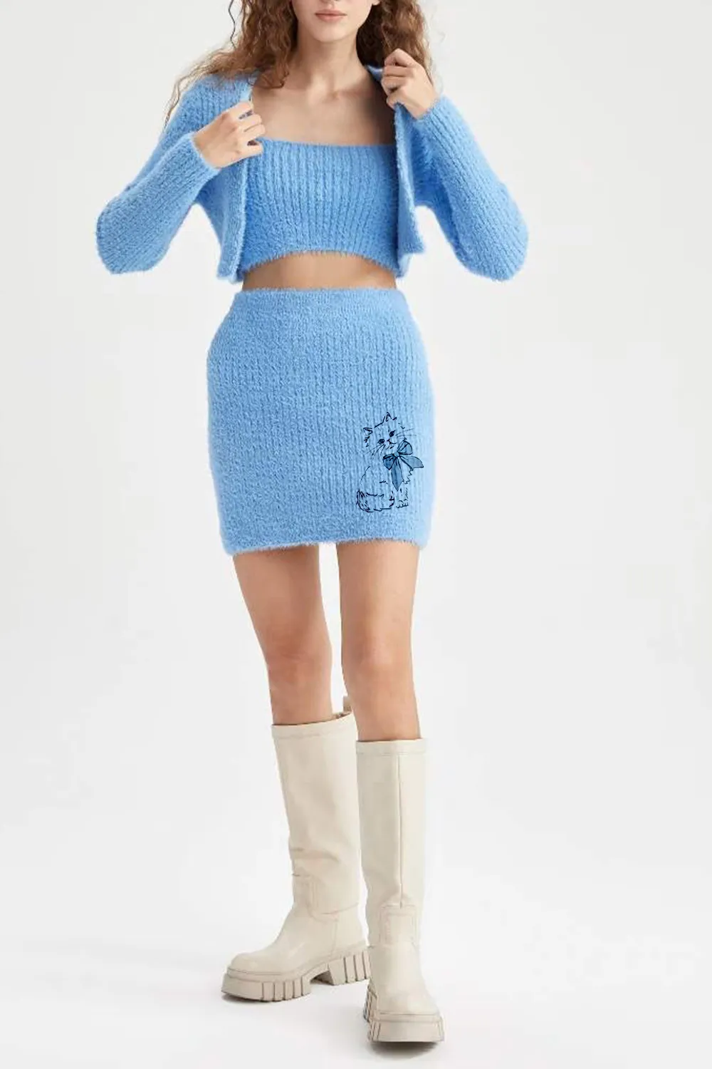 Cropped Cardigan Knit Embroidered Skirt