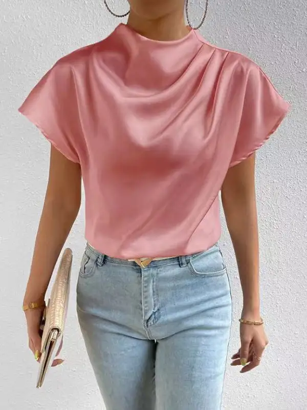 Relaxed Short Sleeve Pleat Detail Mock Neck T-Shirt