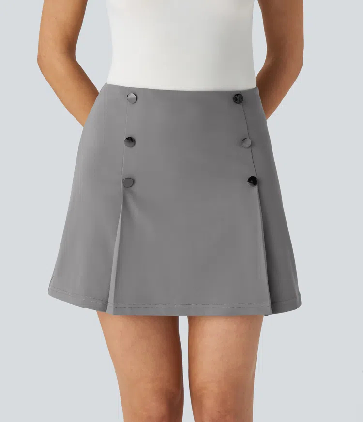 High Waisted Decorative Button 2-in-1 A Line Mini Work Skirt